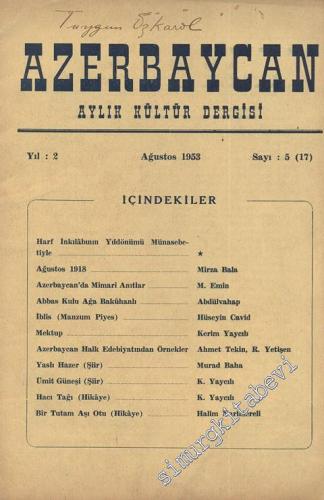 Azerbaycan - Aylık Kültür Dergisi - Sayı: 5 (17), Ağustos 1953