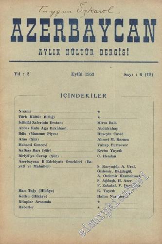Azerbaycan - Aylık Kültür Dergisi - Sayı: 6 (18), Eylül 1953