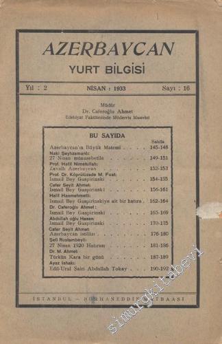 Azerbaycan Yurt Bilgisi - Sayı: 16, Yıl:1933
