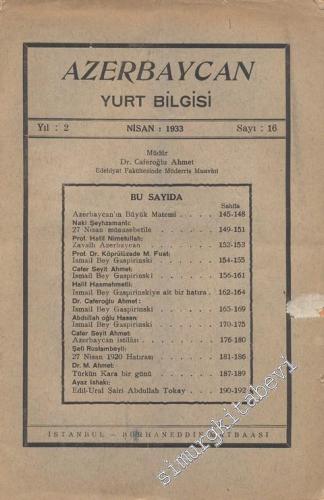 Azerbaycan Yurt Bilgisi  - Sayı: 16, Yıl:1933
