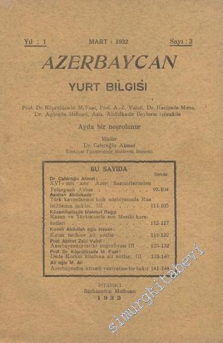 Azerbaycan Yurt Bilgisi  - Sayı: 3, Yıl: 1932