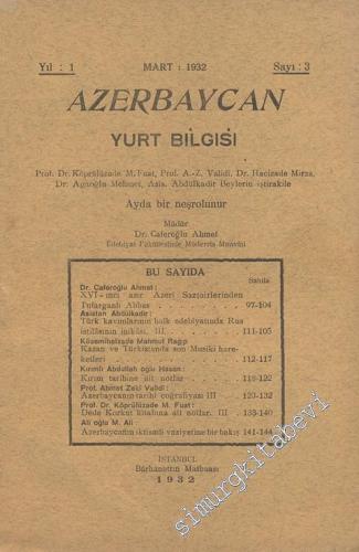 Azerbaycan Yurt Bilgisi - Sayı: 3, Yıl: 1932