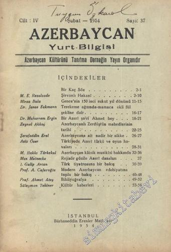 Azerbaycan Yurt Bilgisi  - Sayı: 37, Yıl:1954
