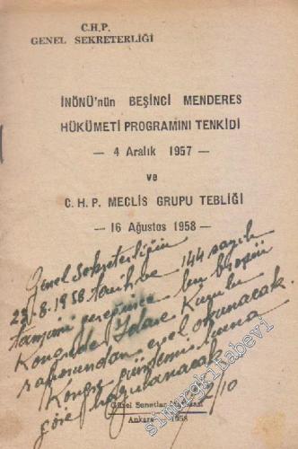 İnönü'nün Beşinci Menderes Hükümeti Programını Tenkidi 4 Aralık 1957 v