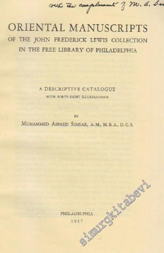 Oriental Manuscripts Of The John Frederick Lewis Collection In The Free Library Of Philadelphia: A Descriptive Catalogue FOTOKOPİ -        1937