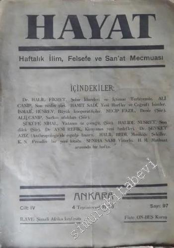 OSMANLICA: Hayat: Haftalık İlim, Felsefe ve Sanat Mecmuası -   Cilt: 4    4 Teşrinievvel 1928