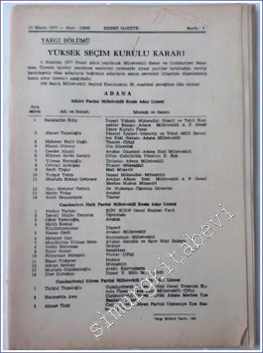 Resmi Gazete Yargı Bölümü Yüksek Seçim Kurulu Kararı ( 13 Mayıs 1977 - Sayı : 15926 ) -        1977